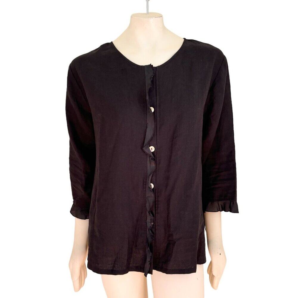 DAVID DART Collection 100% Linen Silk Ruffle Trim Black Button Front Shirt SZ 1X